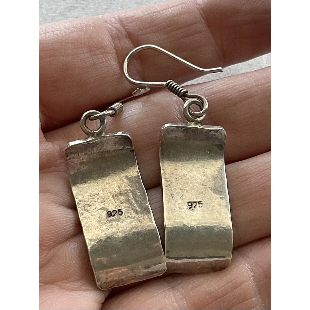 925 Sterling Silver Hammered Rectangle Dangle Drop Earrings Vintage Estate Jewel - Picture 3 of 6